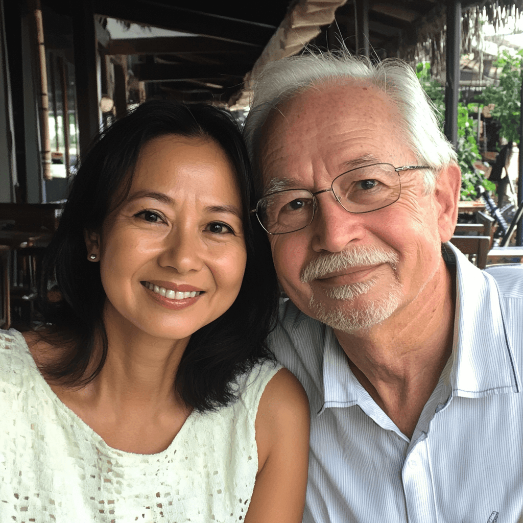 Smiling couple sitting closely in a cozy outdoor cafe setting.