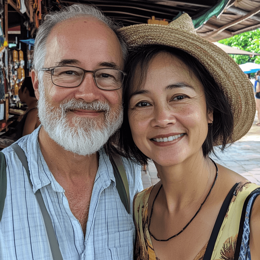 Smiling couple posing outdoors, with a shop setting in the background.