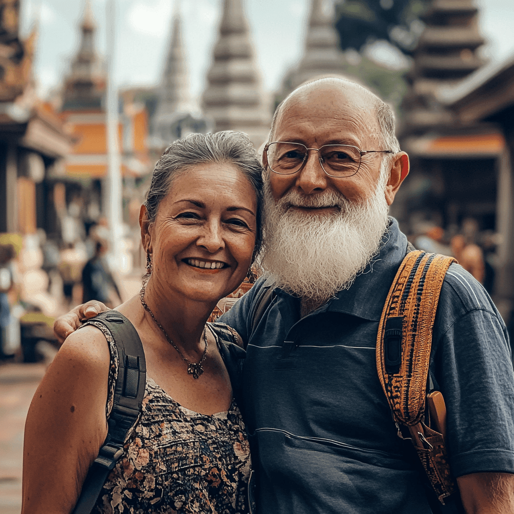 Man and woman standing close together outdoors, with pagoda-like structures in the background.