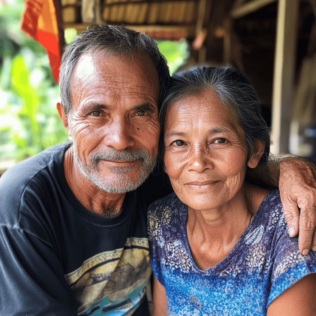 Elderly couple smiling warmly, sitting close together in an outdoor setting.