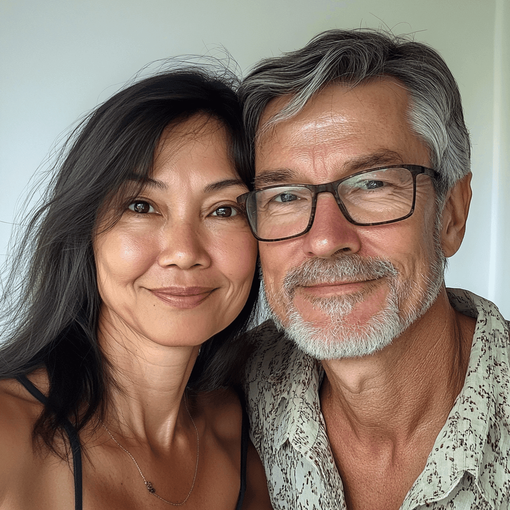 A man and woman smiling together in a close-up portrait with a neutral background.