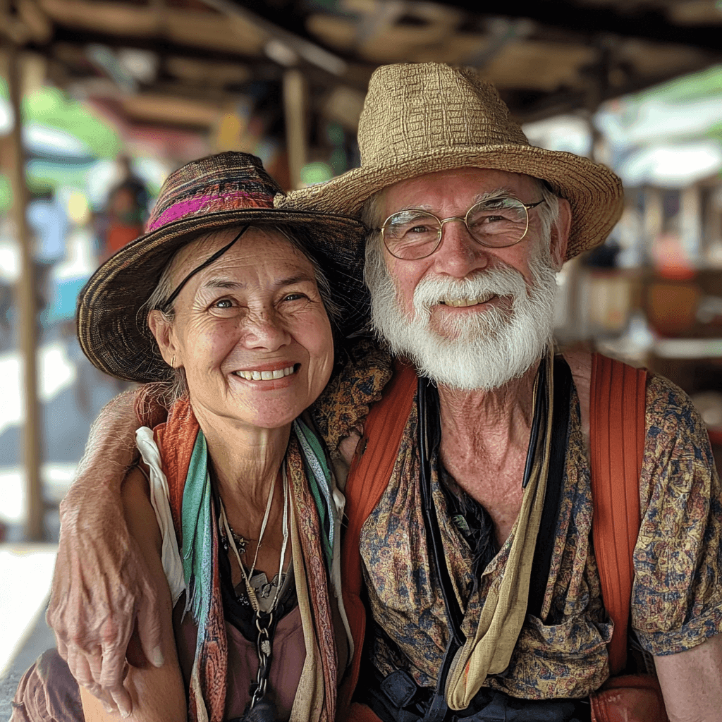 Smiling couple wearing hats and colorful clothing outdoors.