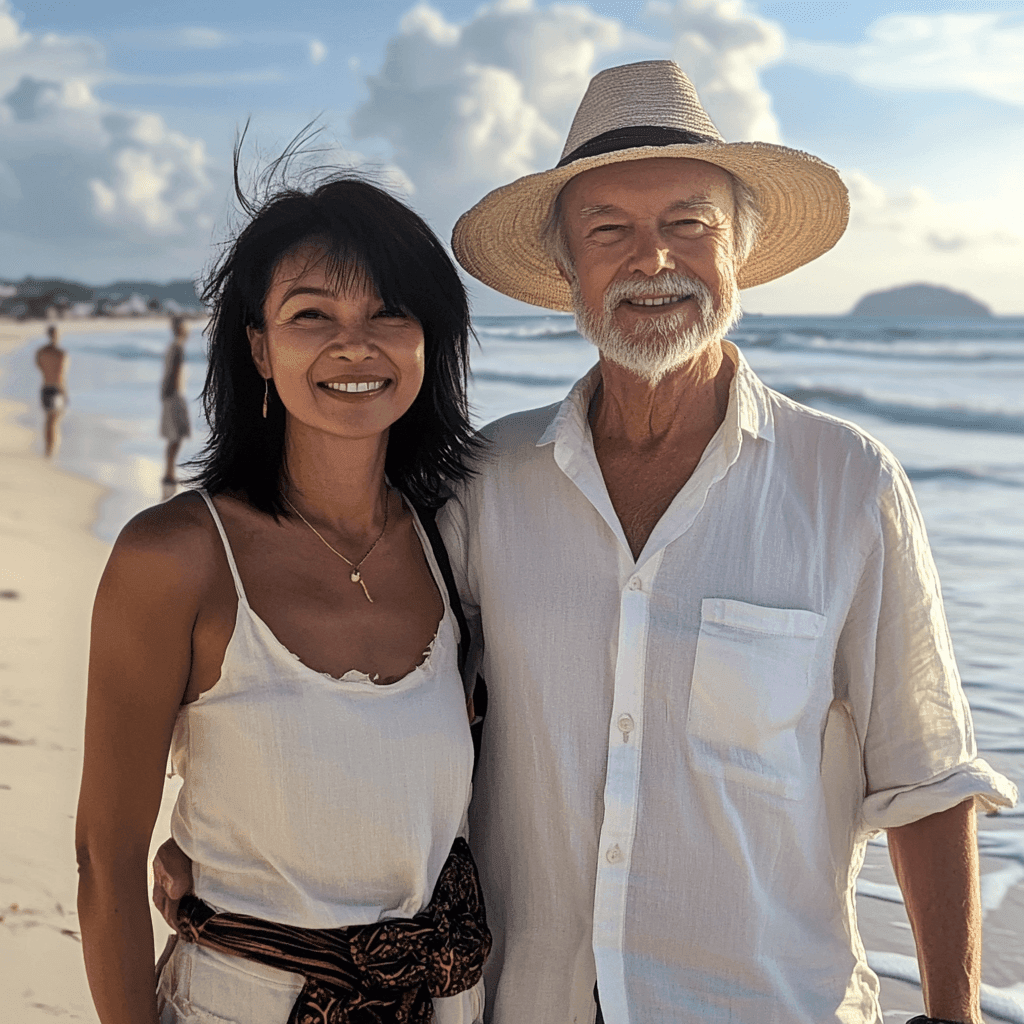 Two people standing close together on a beach with the ocean and clouds in the background.